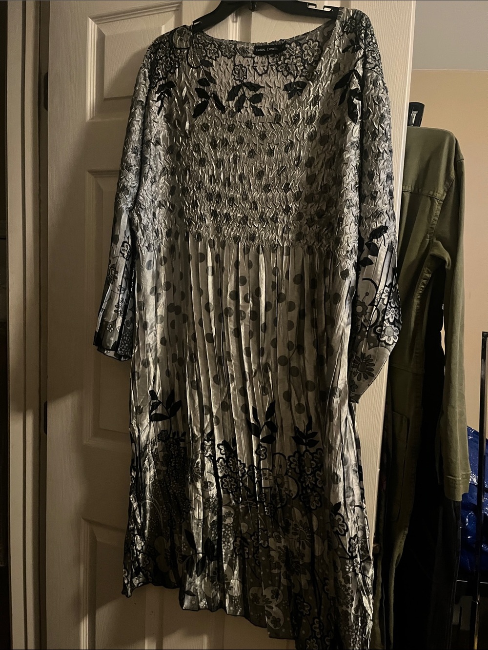 CHANEL Silver and Black Smocked Midi Dress